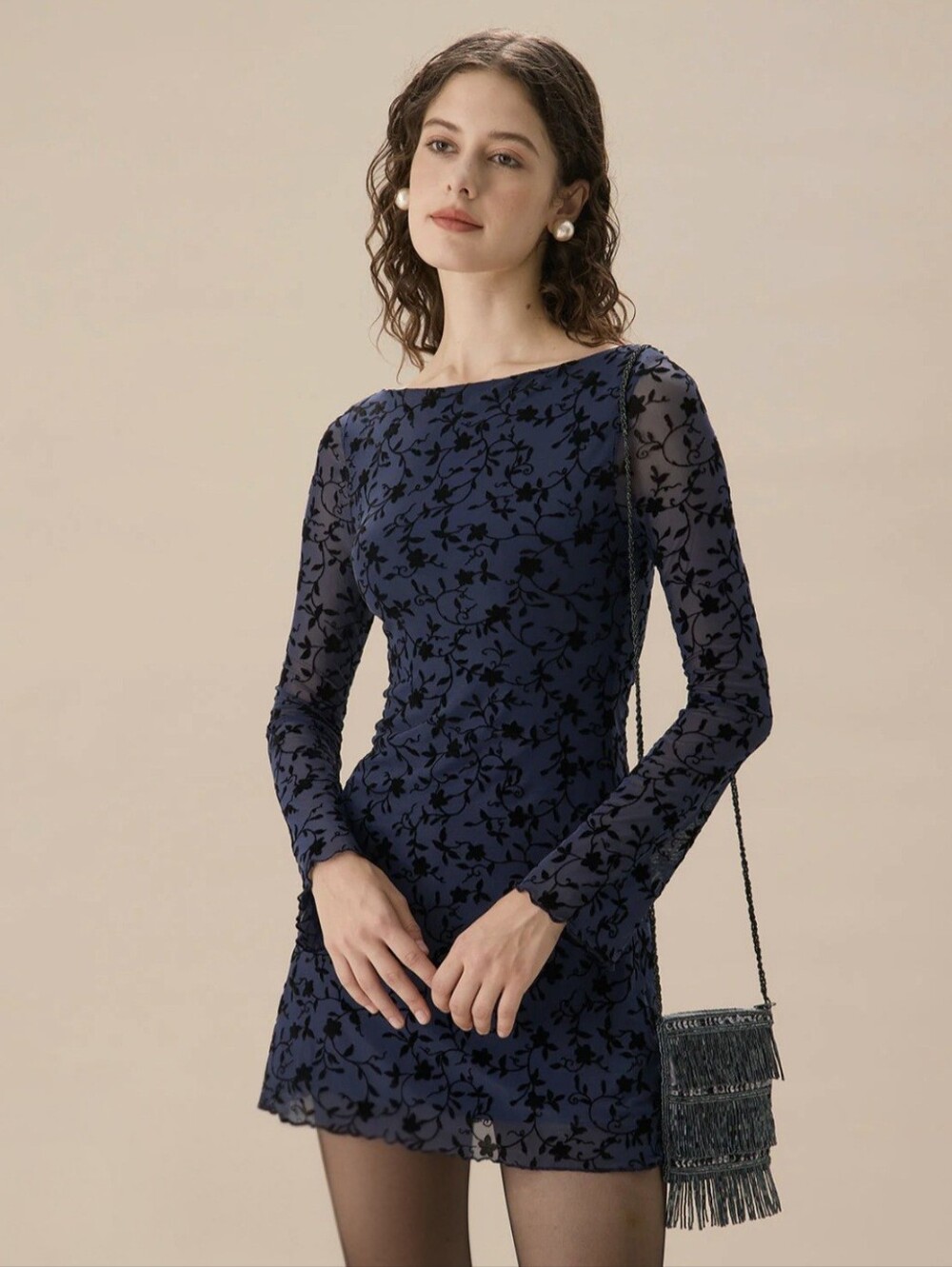 RIHOAS Navy Floral Mesh Long-Sleeve Mini Dress with Sheer Sleeves